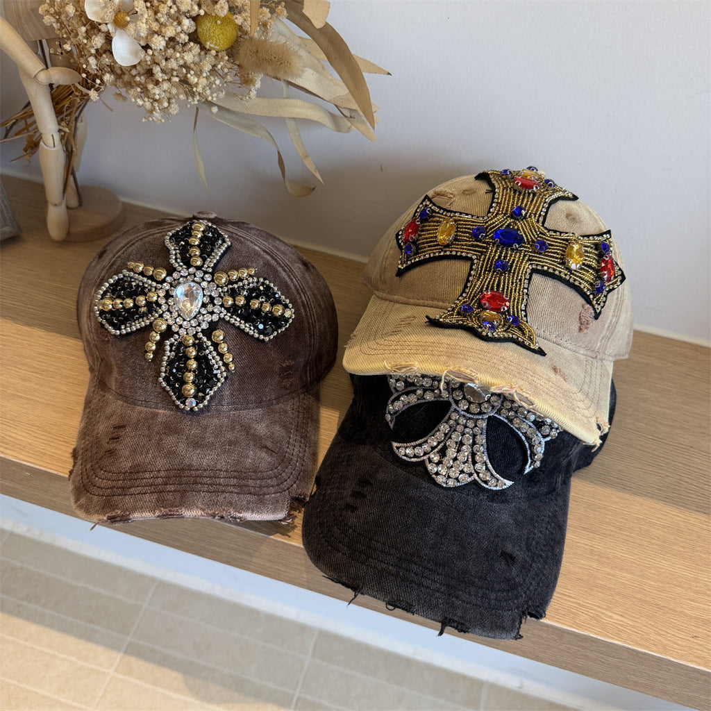 Rhinestone Cross Beaded Distressed Baseball Cap Streetwear Multi‑Style