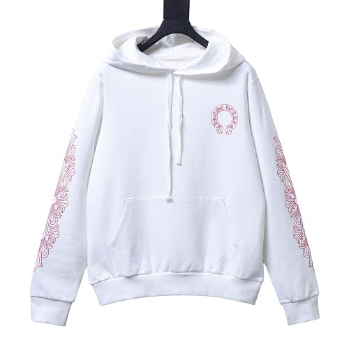 Chrome Hearts Pink Horseshoe Floral Sleeve Pullover Hoodie White