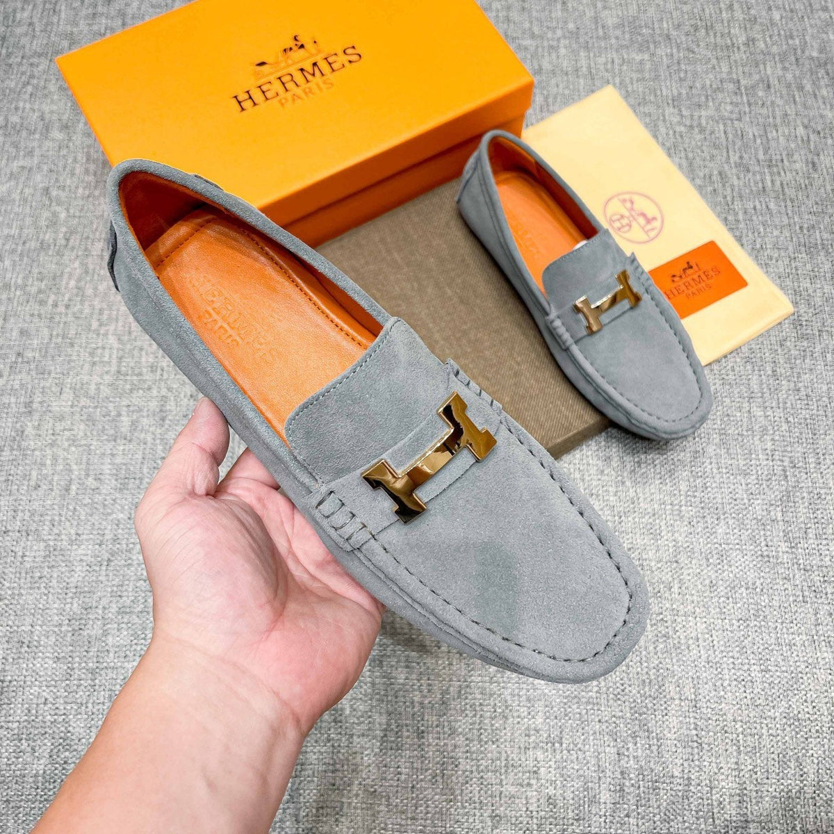 Hermès Men's Light Gray Suede Driving Loafers