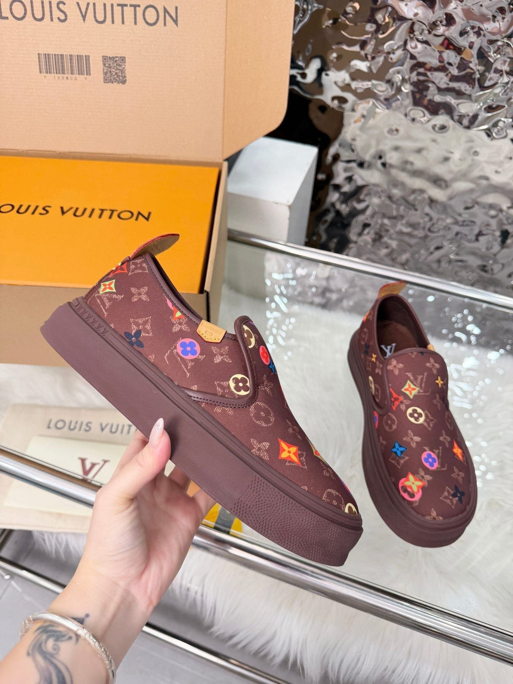 Louis Vuitton Men's Dark Brown Multicolor Motif Slip-On Shoes