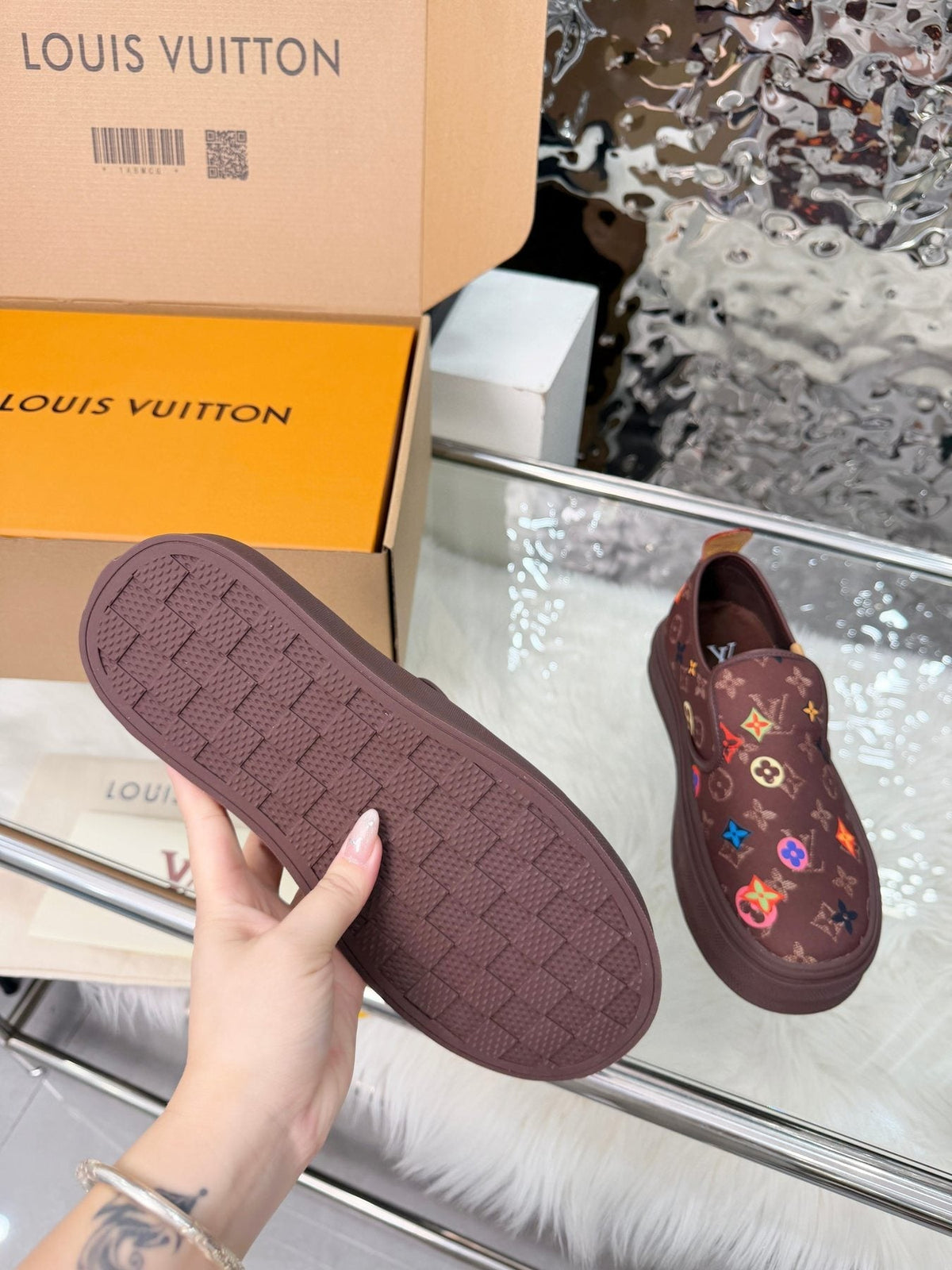 Louis Vuitton Men's Dark Brown Multicolor Motif Slip-On Shoes
