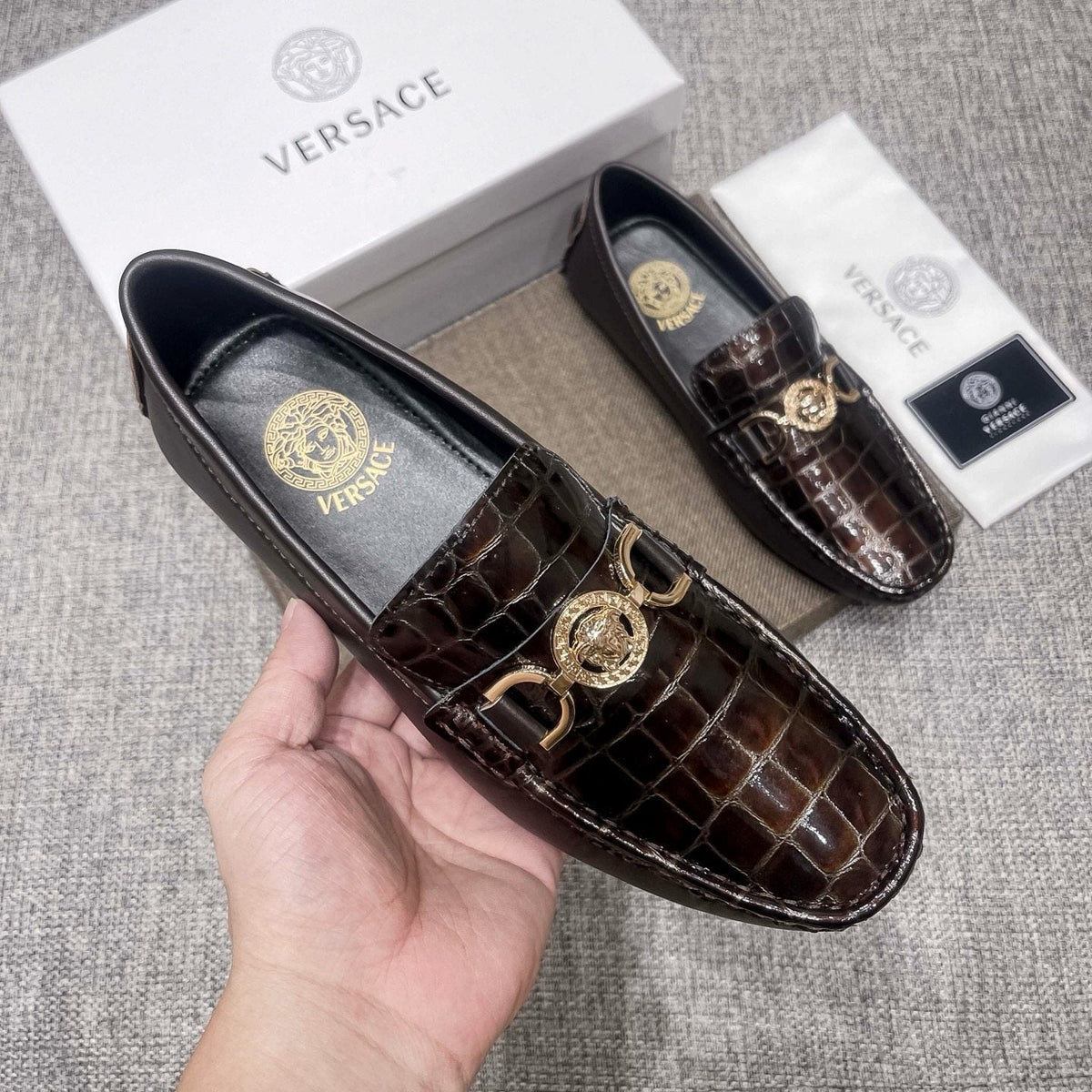Versace Men's Dark Brown Croc-Embossed Loafers
